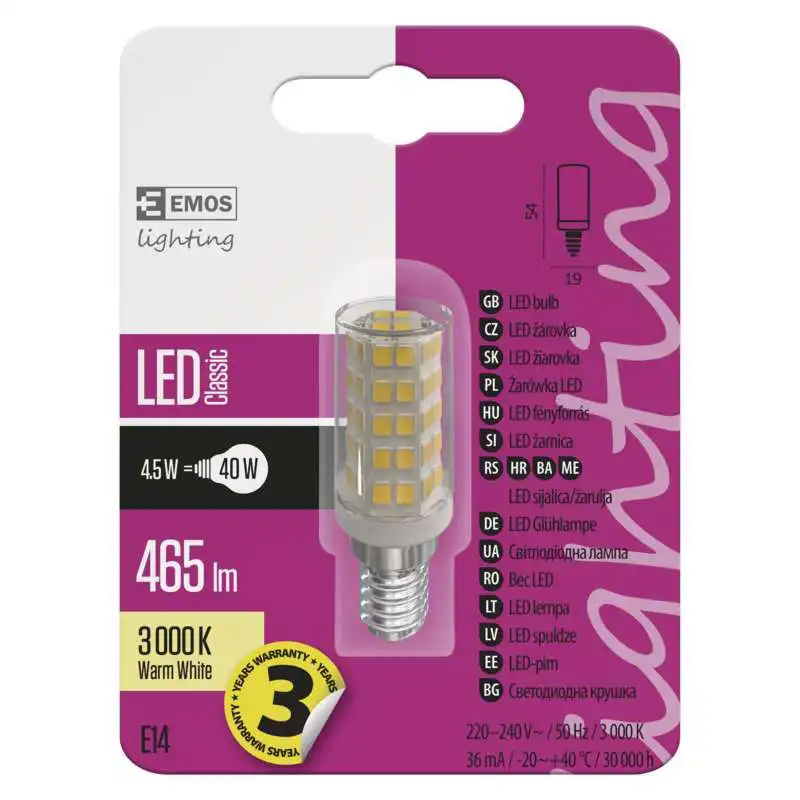 EMOS LED bulb JC T25 4.5W/40W E14 3000K 465lm NonDim 30Y čirá T20