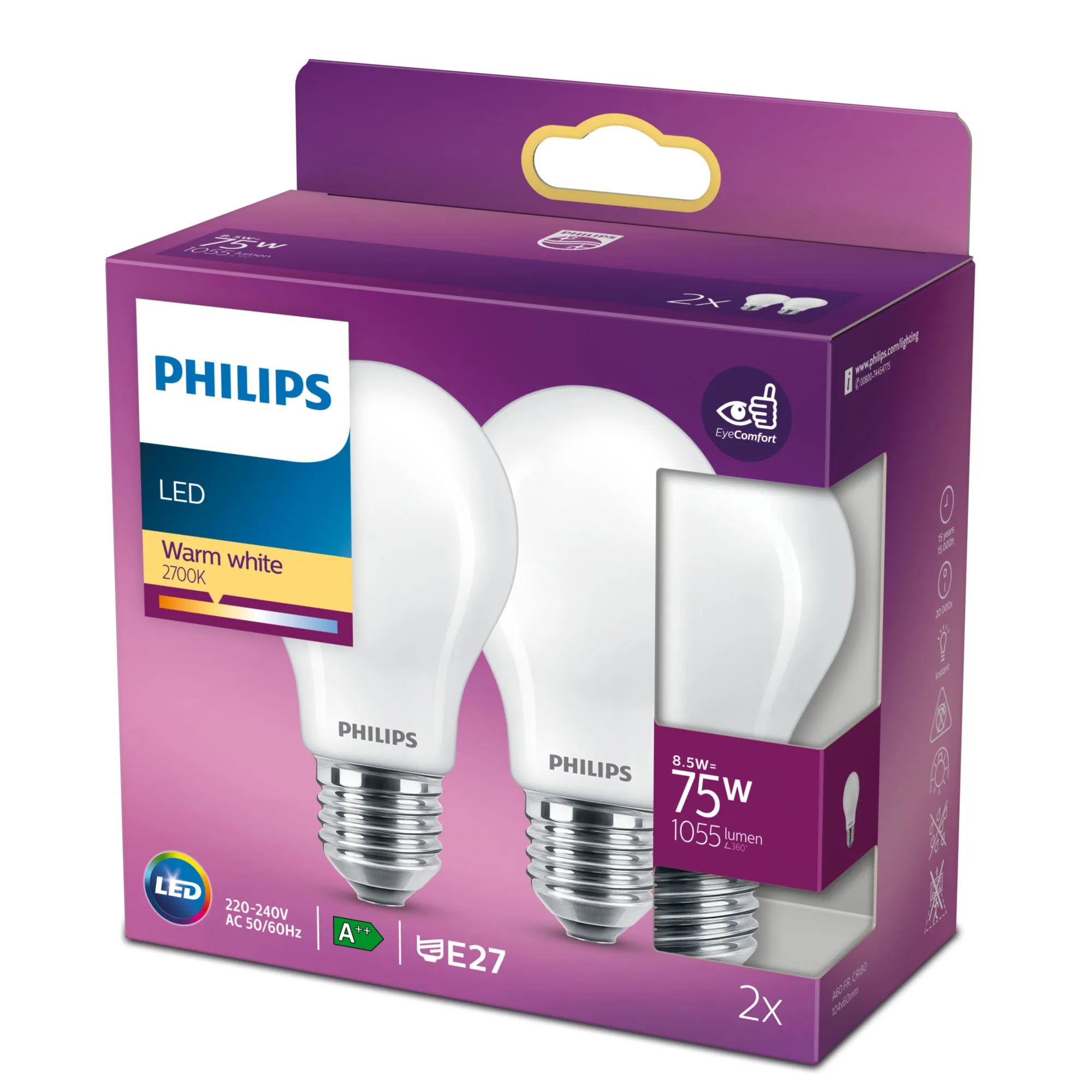 PHILIPS LED bulb A60 E27 8.5W/75W 1055lm/827 15Y NonDim ;opál