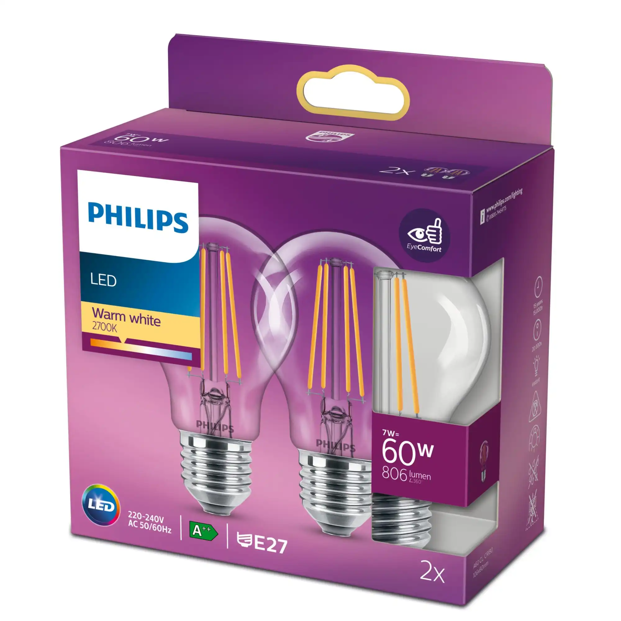 PHILIPS LED filam.bulb A60 E27 7W/60W 806lm/827 15Y NonDim ;
