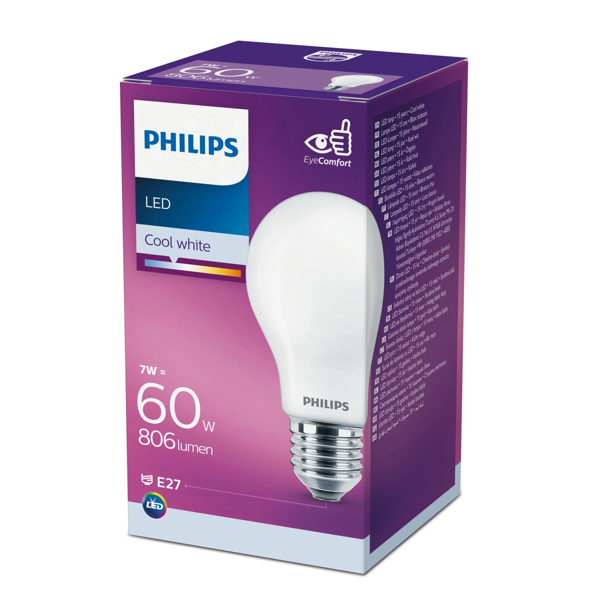 PHILIPS  LED žárovka E27 náhrada za 60W 4000K 7W opál